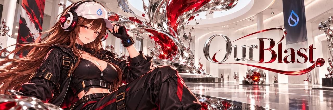 OurBlast character in a chrome and ruby art gallery